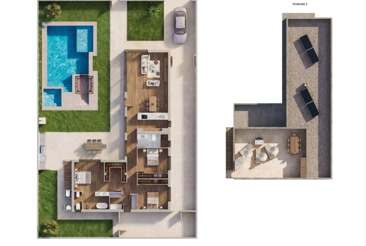 Luxury-New-Build-Villas-in-Sucina-with-Private-Pool-and-Large-Plots-16 Spacious luxury single-storey villa floor plan in Sucina, Murcia, featuring modern interiors, private pool, landscaped garden, and rooftop solarium.
