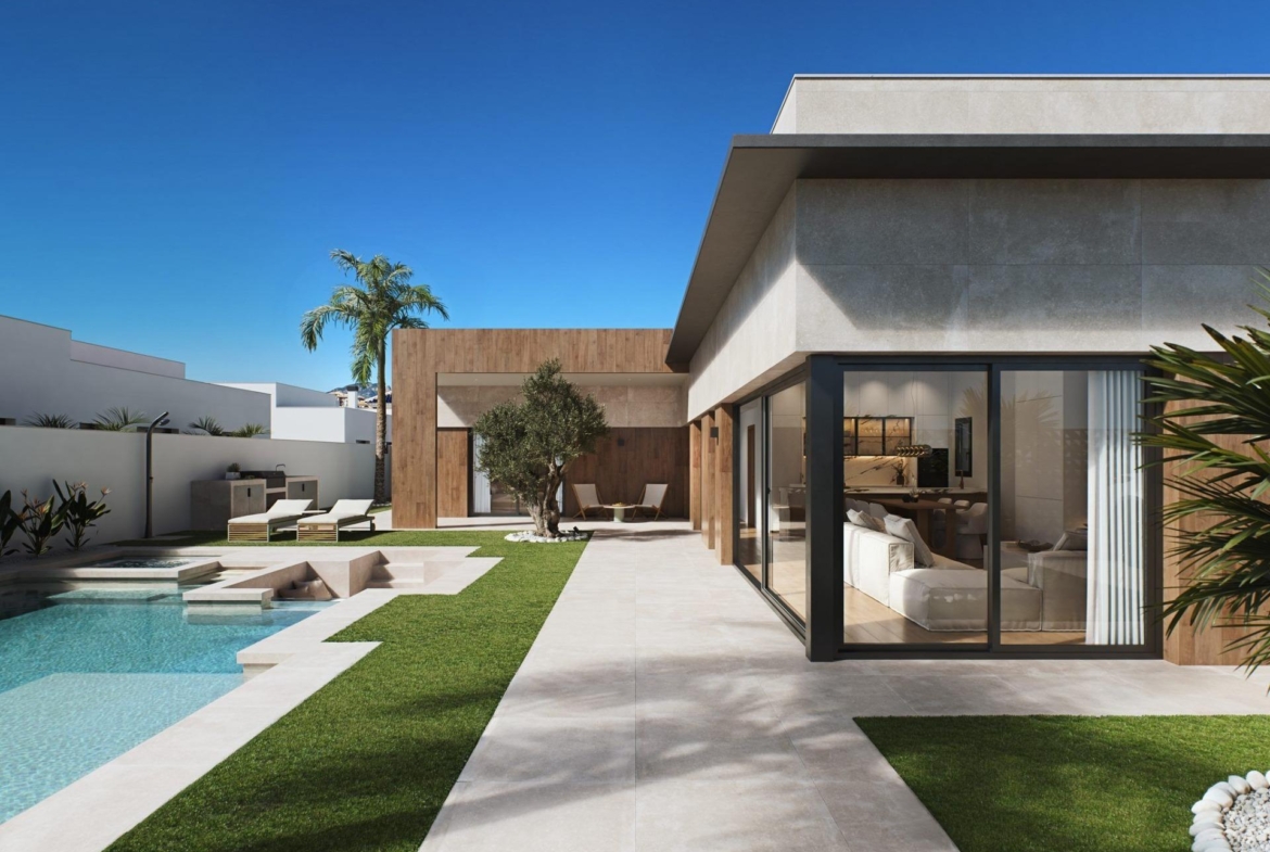 Luxury-New-Build-Villas-in-Sucina-with-Private-Pool-and-Large-Plots-3 Modern luxury single-storey villa in Sucina with sleek private pool, sun-drenched terrace, and landscaped garden spaces