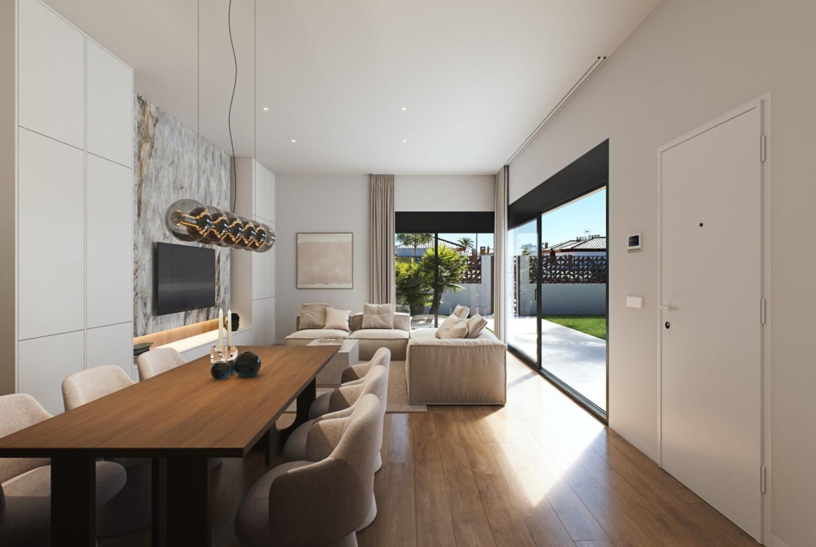 Luxury-New-Build-Villas-in-Sucina-with-Private-Pool-and-Large-Plots-6 Bright, modern open-plan lounge and dining area with elegant finishes and garden views in luxury single-storey villa in Sucina, Murcia