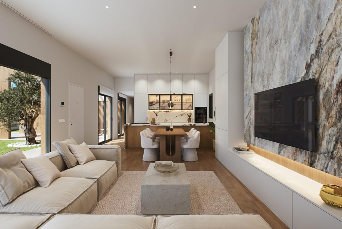 Luxury-New-Build-Villas-in-Sucina-with-Private-Pool-and-Large-Plots-7 Bright and elegant open-plan living and kitchen area with marble accents in luxury single-storey villa in Sucina, Murcia.