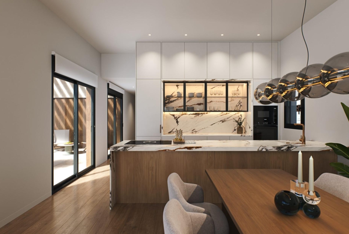Luxury-New-Build-Villas-in-Sucina-with-Private-Pool-and-Large-Plots-8 Elegant modern kitchen with marble countertops and wood accents in luxury single-storey villa in Sucina, Murcia