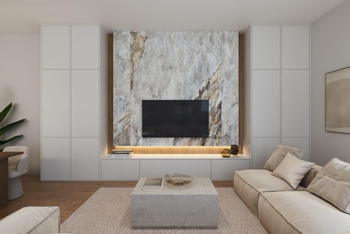 Luxury-New-Build-Villas-in-Sucina-with-Private-Pool-and-Large-Plots-9 Bright modern living room with elegant marble feature wall, cozy seating, and sleek cabinetry in luxury villa for sale in Sucina Murcia.