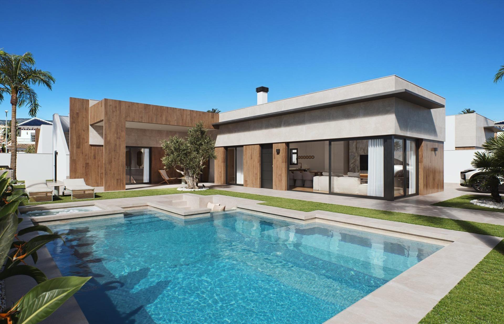 Luxury New Build Villas in Sucina with Private Pool and Large Plots Modern luxury single-storey villa in Sucina, Murcia with a private pool, spacious terrace, and sleek wood-accented exterior.