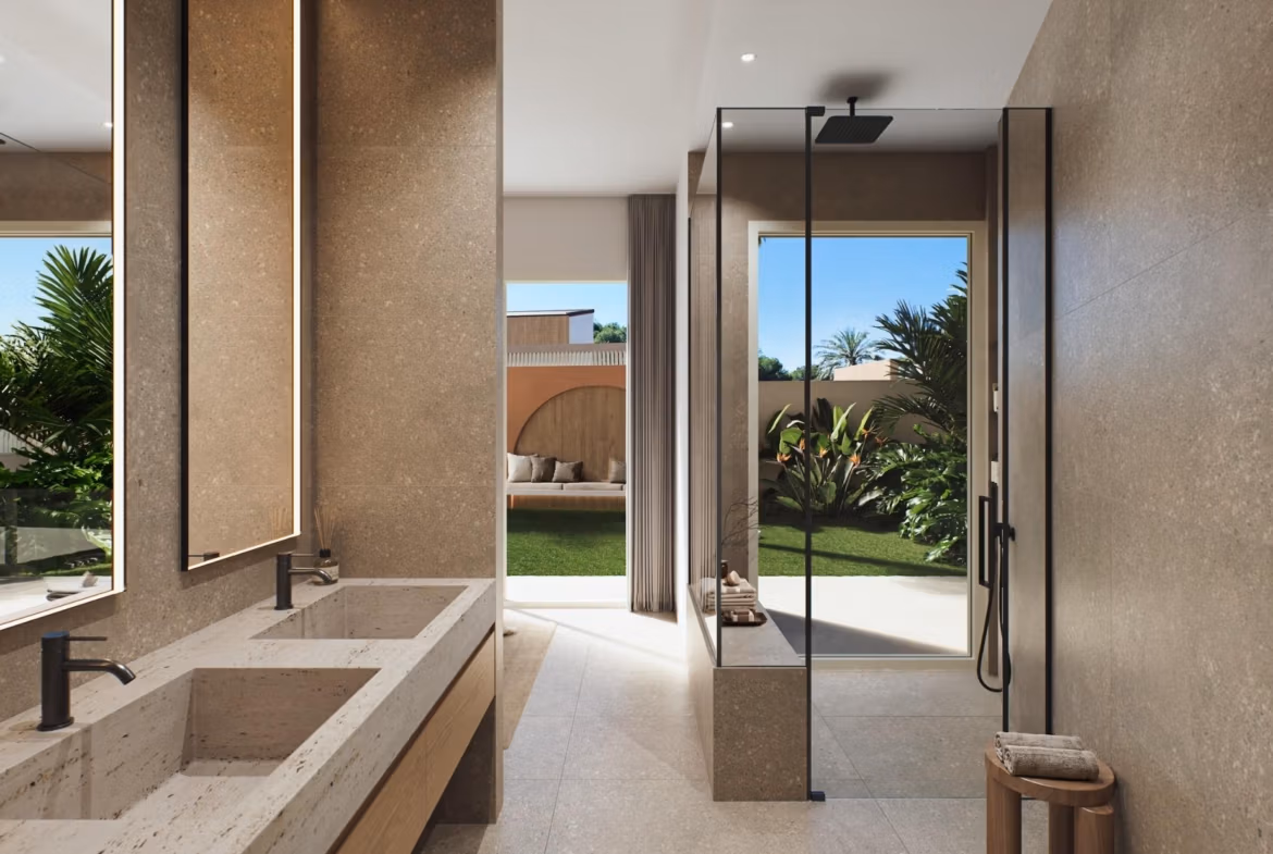 Luxury-New-Build-Villas-with-Sea-Views-in-Dehesa-de-Campoamor-Costa-Blanca-South-10 Modern elegant bathroom with double vanity and glass shower in spacious 4-bedroom villa in Dehesa de Campoamor