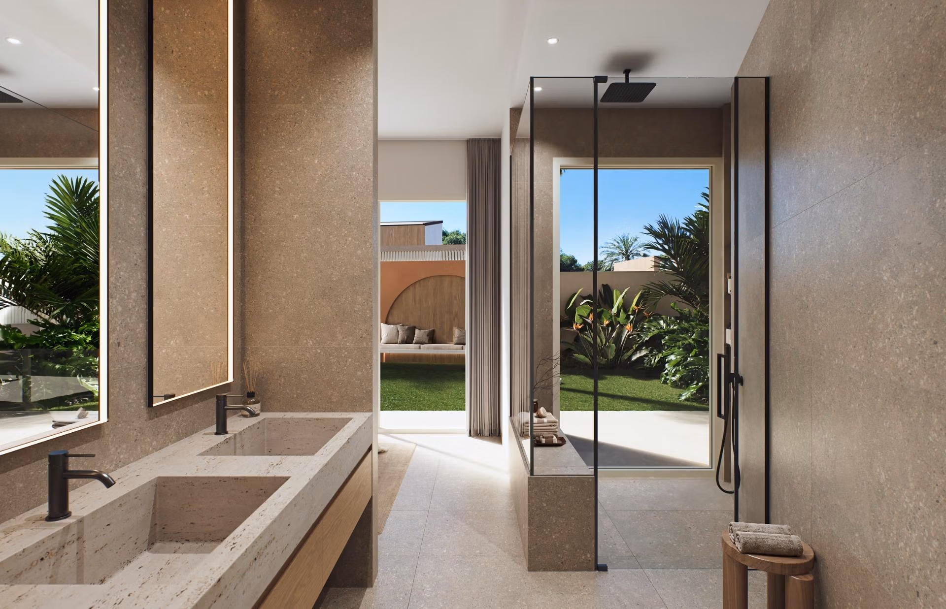 Luxury-New-Build-Villas-with-Sea-Views-in-Dehesa-de-Campoamor-Costa-Blanca-South-10 Modern elegant bathroom with double vanity and glass shower in spacious 4-bedroom villa in Dehesa de Campoamor