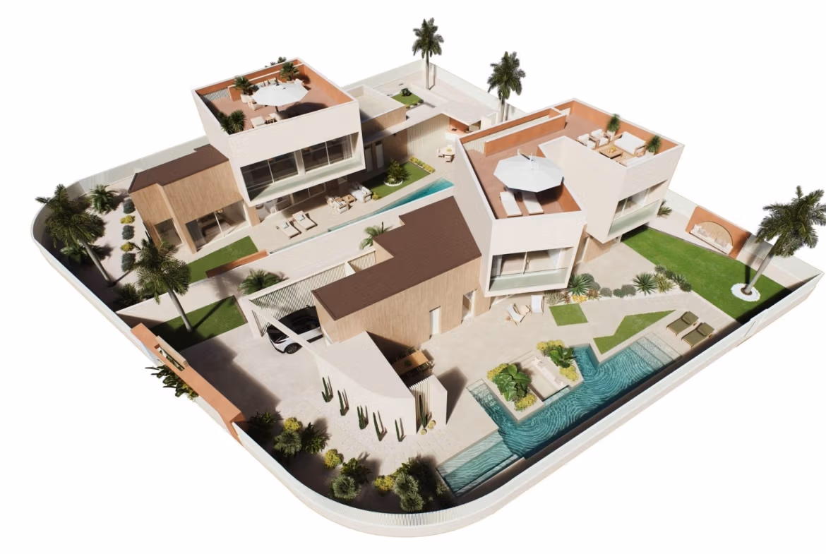 Luxury-New-Build-Villas-with-Sea-Views-in-Dehesa-de-Campoamor-Costa-Blanca-South-13 Modern spacious 4-bedroom villa in Dehesa de Campoamor with private pool, jacuzzi, rooftop terraces, and lush landscaped gardens.