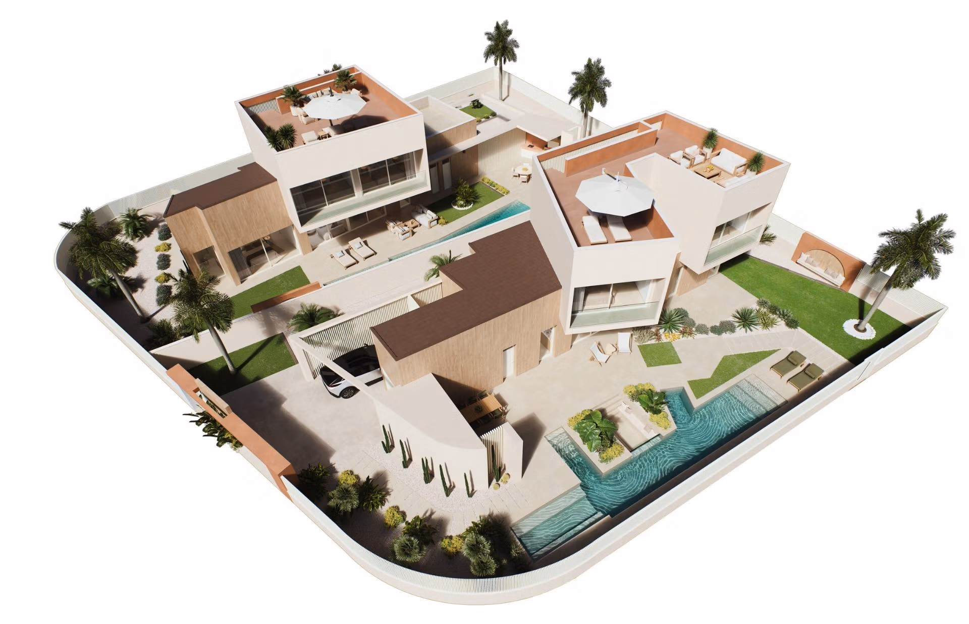 Luxury-New-Build-Villas-with-Sea-Views-in-Dehesa-de-Campoamor-Costa-Blanca-South-13 Modern spacious 4-bedroom villa in Dehesa de Campoamor with private pool, jacuzzi, rooftop terraces, and lush landscaped gardens.