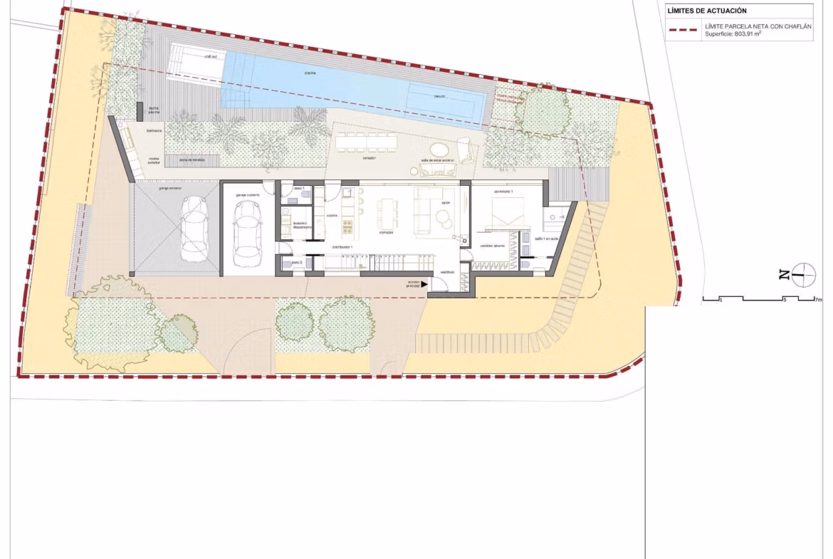 Luxury-New-Build-Villas-with-Sea-Views-in-Dehesa-de-Campoamor-Costa-Blanca-South-14 Detailed floor plan of spacious 4-bedroom villa with large pool, Jacuzzi, garage, and landscaped garden in Dehesa de Campoamor