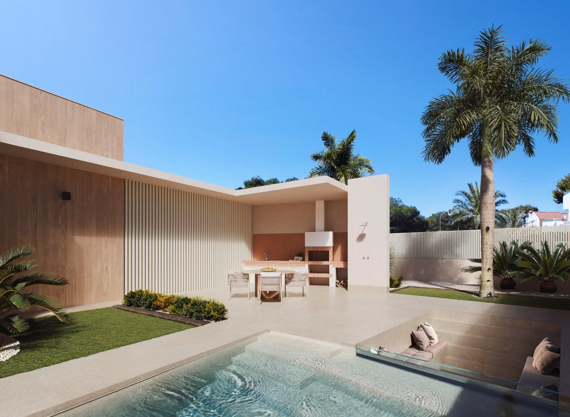 Luxury-New-Build-Villas-with-Sea-Views-in-Dehesa-de-Campoamor-Costa-Blanca-South-3 Modern spacious 4-bedroom villa in Dehesa de Campoamor with sleek pool, outdoor dining, and lush palm-fringed landscaping.