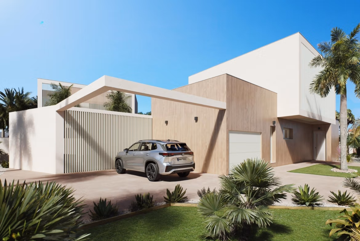 Luxury-New-Build-Villas-with-Sea-Views-in-Dehesa-de-Campoamor-Costa-Blanca-South-4 Modern, spacious 4-bedroom villa exterior with sleek carport and landscaped garden in Dehesa de Campoamor.