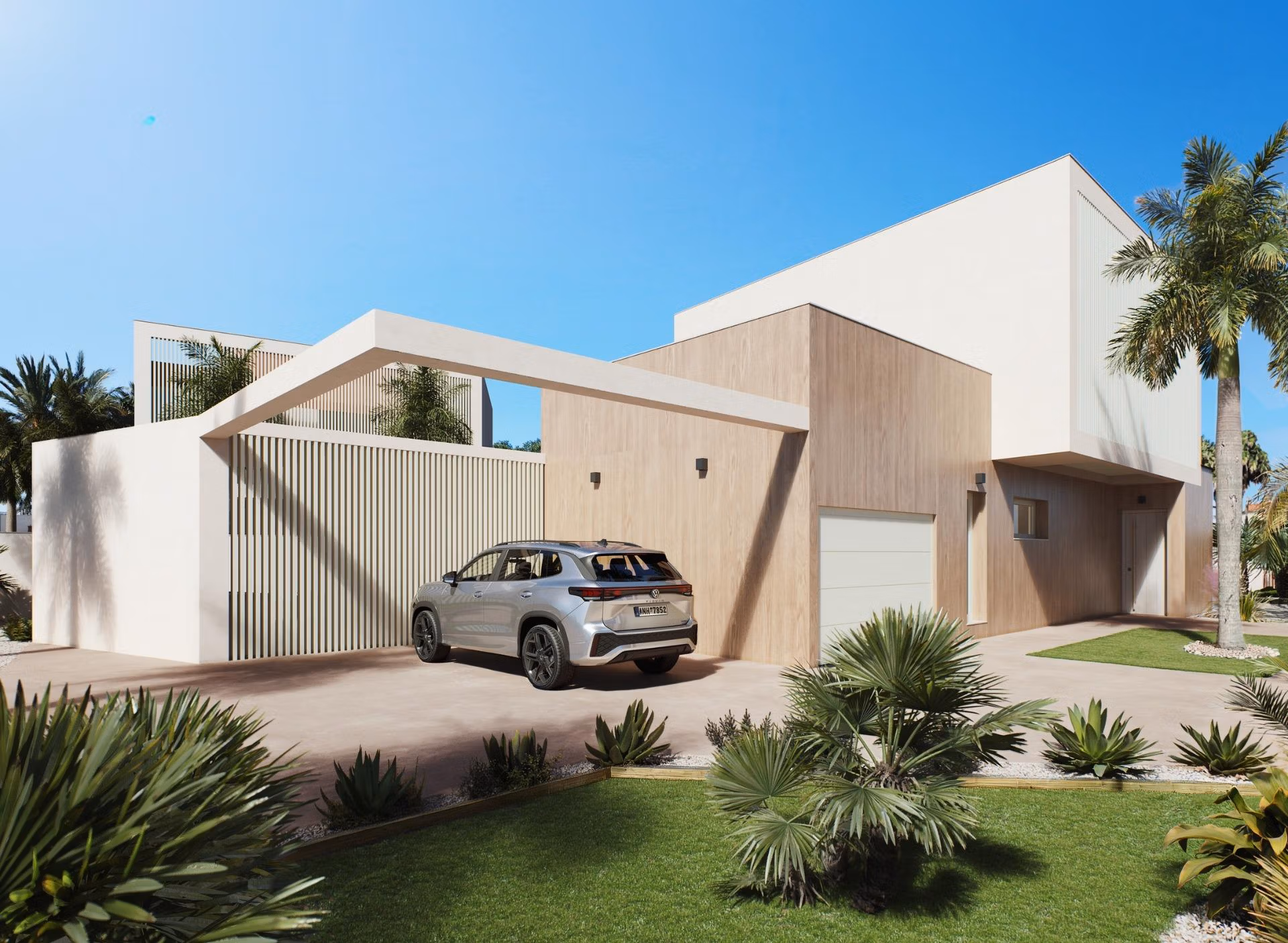 Luxury-New-Build-Villas-with-Sea-Views-in-Dehesa-de-Campoamor-Costa-Blanca-South-4 Modern, spacious 4-bedroom villa exterior with sleek carport and landscaped garden in Dehesa de Campoamor.