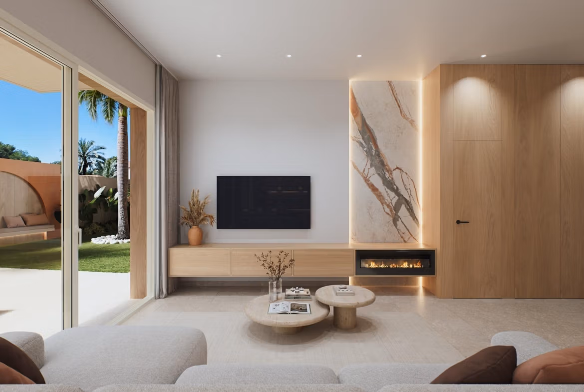 Luxury-New-Build-Villas-with-Sea-Views-in-Dehesa-de-Campoamor-Costa-Blanca-South-7 Bright, modern living room with sleek fireplace and garden view in spacious 4-bedroom villa in Dehesa de Campoamor.