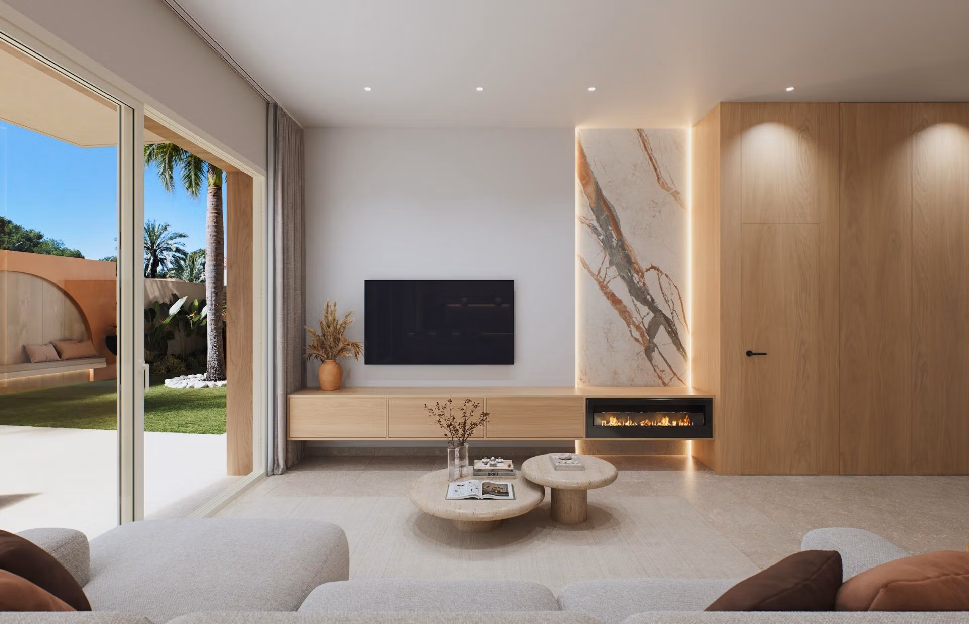 Luxury-New-Build-Villas-with-Sea-Views-in-Dehesa-de-Campoamor-Costa-Blanca-South-7 Bright, modern living room with sleek fireplace and garden view in spacious 4-bedroom villa in Dehesa de Campoamor.