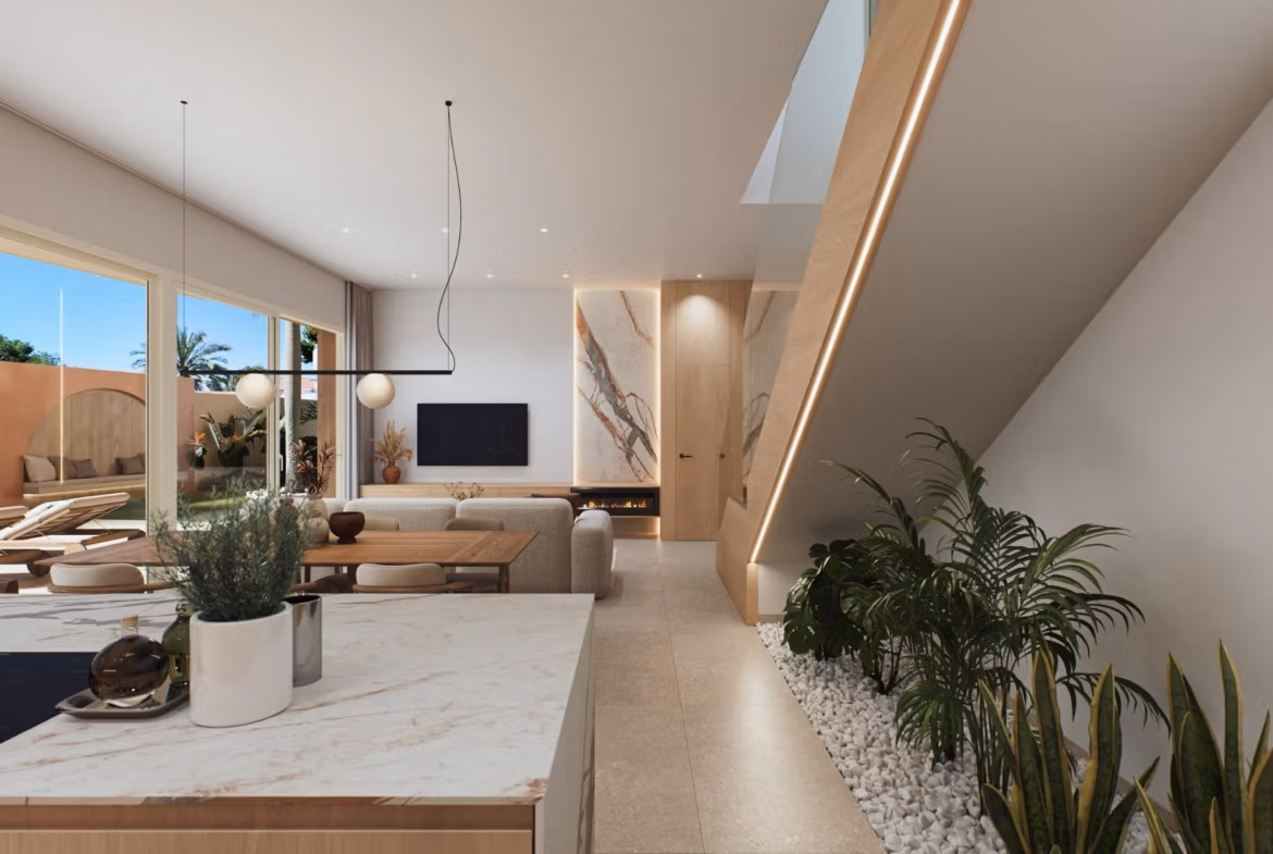 Luxury-New-Build-Villas-with-Sea-Views-in-Dehesa-de-Campoamor-Costa-Blanca-South-8 Bright open-plan living room with modern furnishings and natural light in spacious 4-bedroom villa in Dehesa de Campoamor.