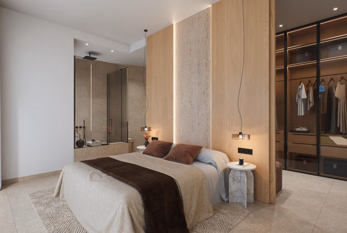 Luxury-New-Build-Villas-with-Sea-Views-in-Dehesa-de-Campoamor-Costa-Blanca-South-9 Elegant bedroom with modern en-suite bathroom and walk-in closet in spacious 4 bedroom villa in Dehesa de Campoamor.