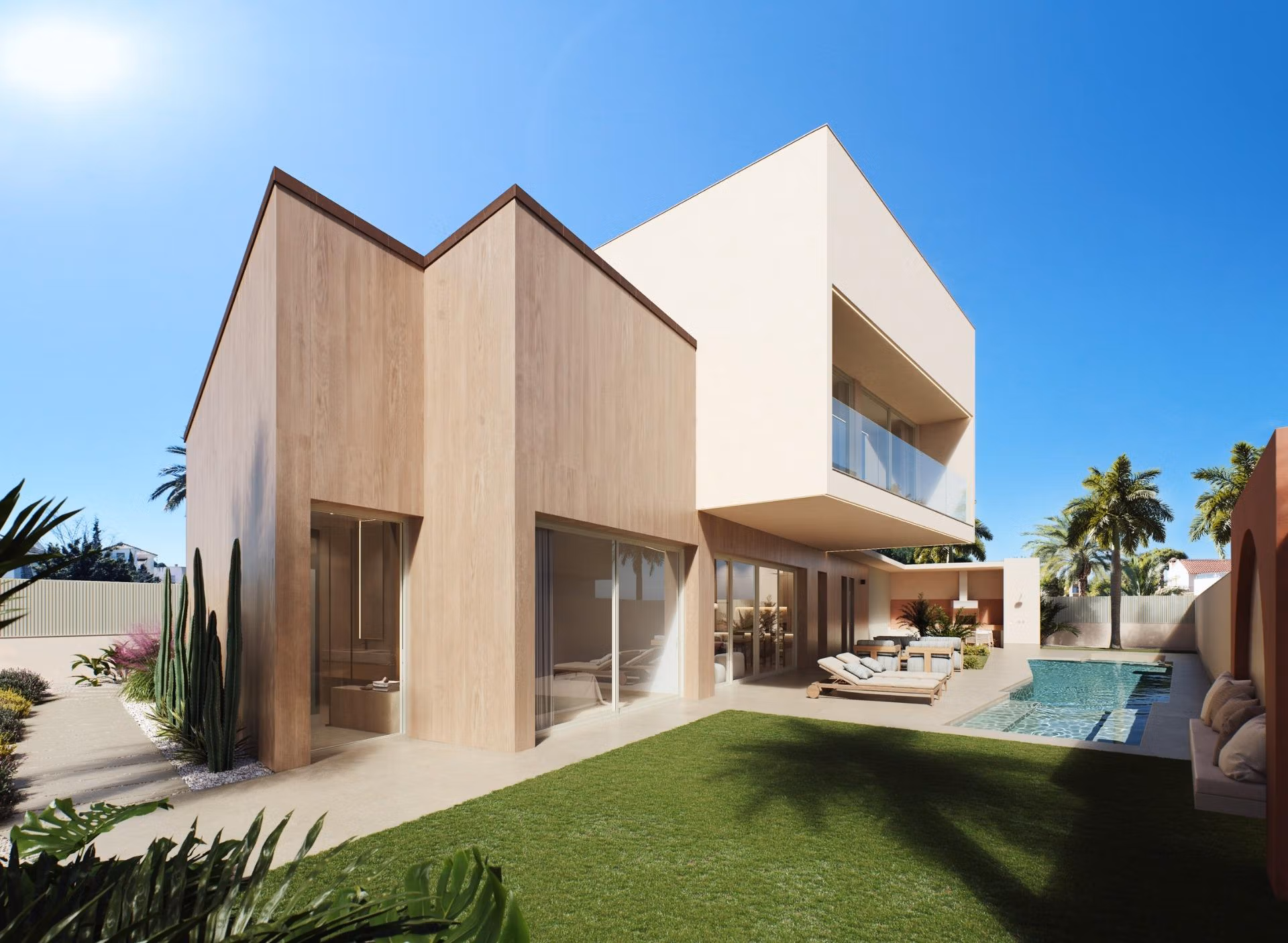 Luxury New Build Villas with Sea Views in Dehesa de Campoamor Modern spacious 4 bedroom villa in Dehesa de Campoamor with sleek exterior, private pool, sun-drenched terrace, and lush garden.
