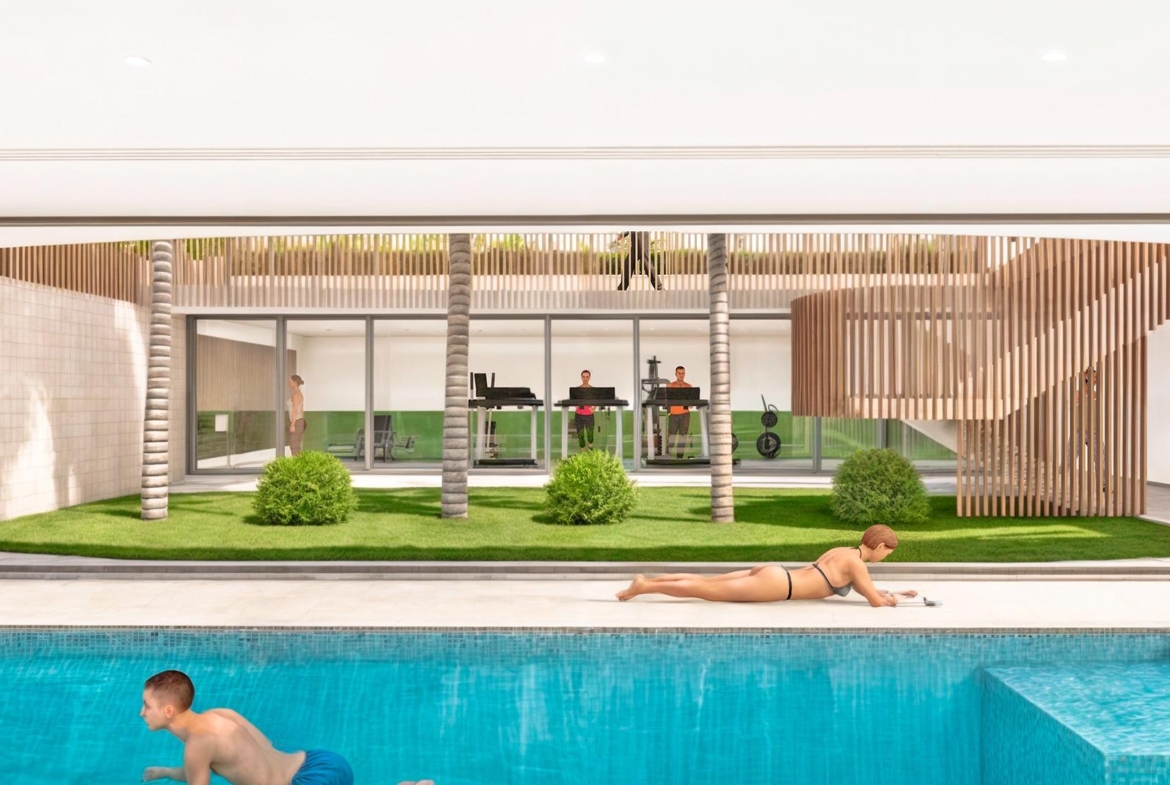 Modern luxury penthouse exterior in Torre de la Horadada featuring bright poolside terrace and landscaped garden with sleek design.