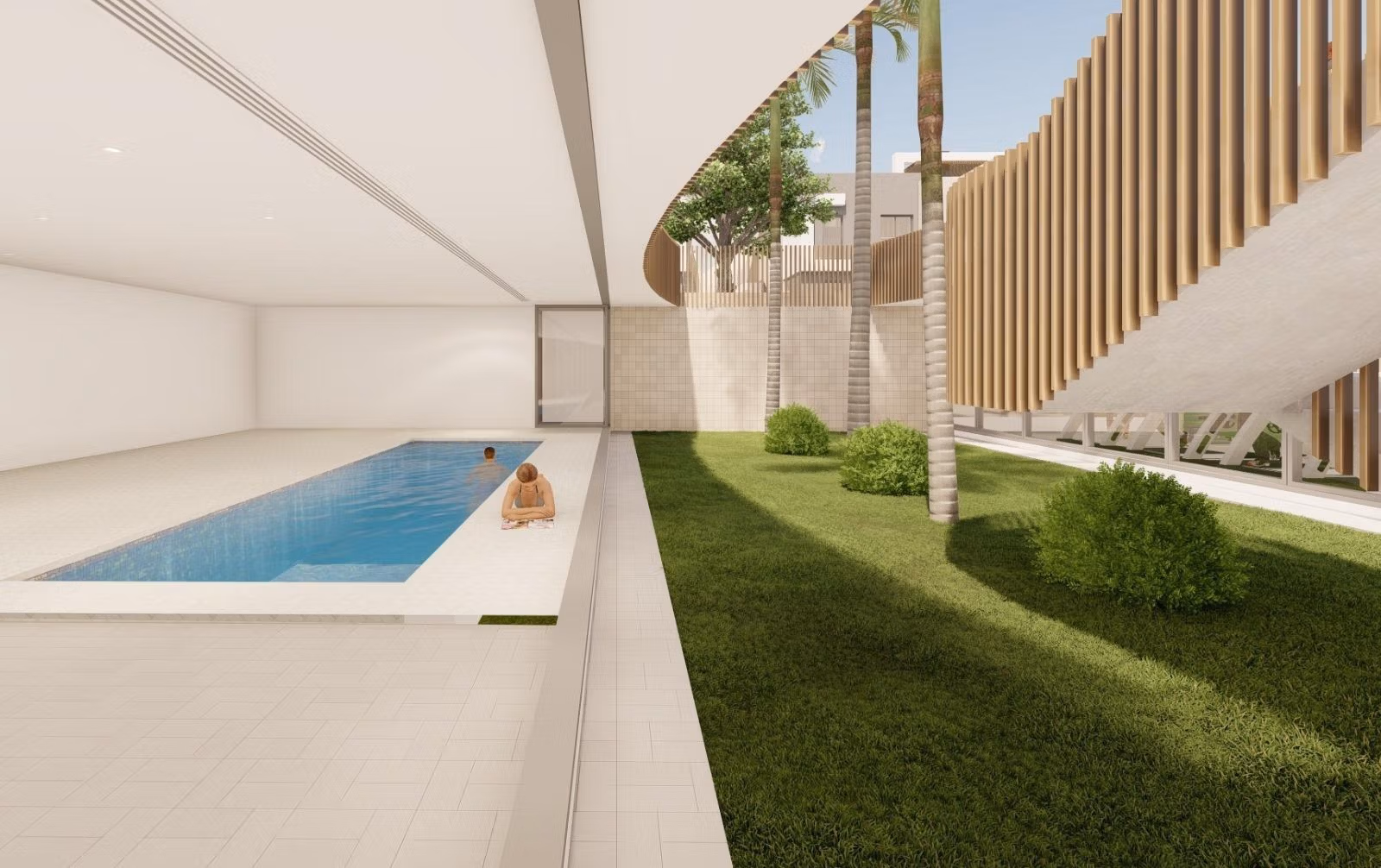 Modern indoor pool and landscaped garden area in a spacious new build 3-bedroom apartment in Torre de la Horadada.