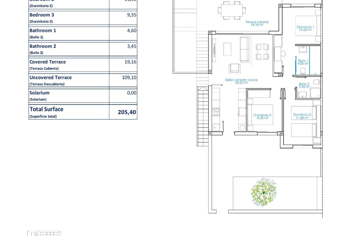 Modern spacious 3-bedroom apartment floor plan with expansive terrace in sunlit Torre de la Horadada, just 150m from the beach