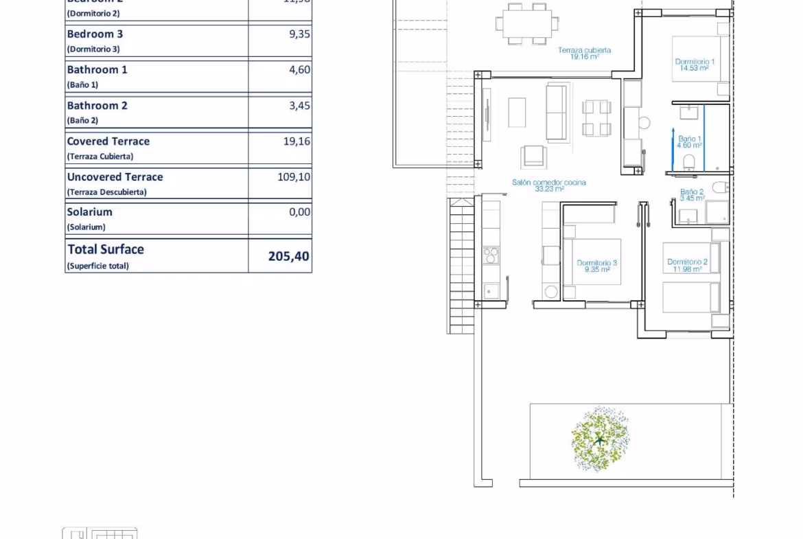 Modern spacious 3-bedroom apartment floor plan with expansive terrace in sunlit Torre de la Horadada, just 150m from the beach