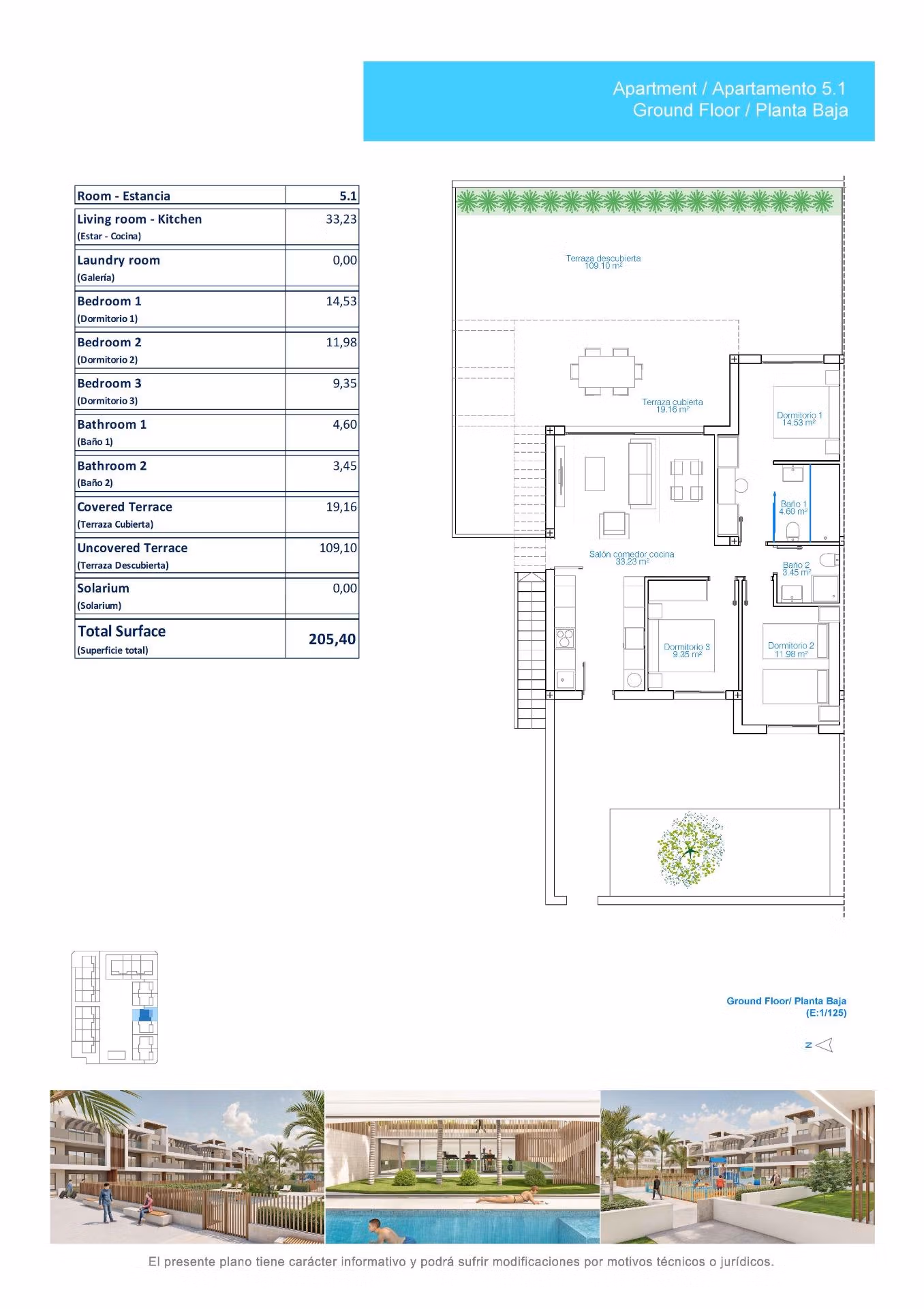Modern spacious 3-bedroom apartment floor plan with expansive terrace in sunlit Torre de la Horadada, just 150m from the beach