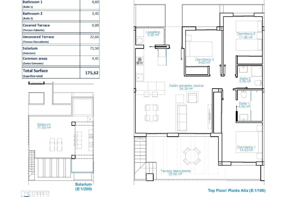 Spacious modern 3-bedroom penthouse floor plan with sun-drenched solarium and sea views in Torre de la Horadada, 150m from the beach