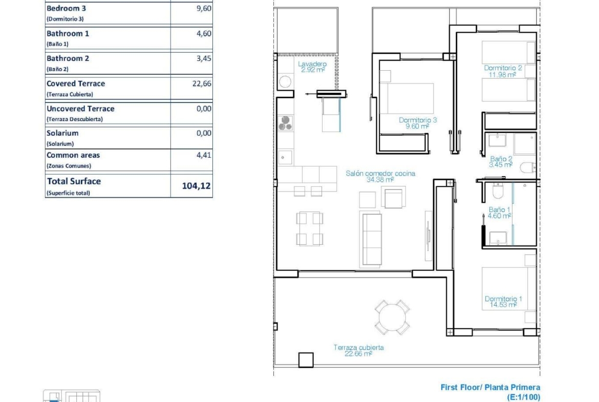 Modern floor plan of stylish 3-bedroom apartment with spacious terrace in Torre de la Horadada, 150m from the beach.