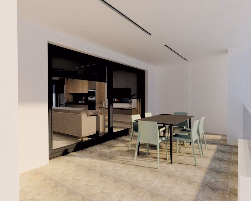 Bright, spacious terrace with modern outdoor dining near the sleek living room of a new 3-bedroom apartment in Torre de la Horadada.