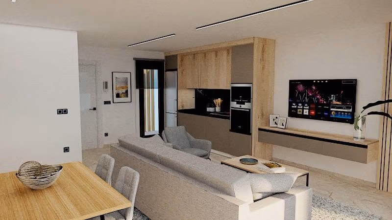 Modern bright open-plan living room and kitchen in spacious 3-bedroom apartment with large terrace in Torre de la Horadada.