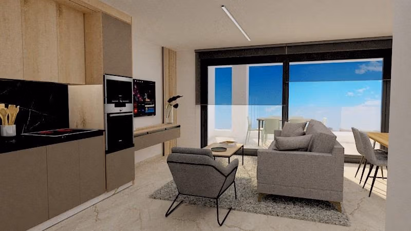 Bright open-plan living area with modern kitchen and panoramic terrace in spacious 3-bedroom apartment near Torre de la Horadada beach.