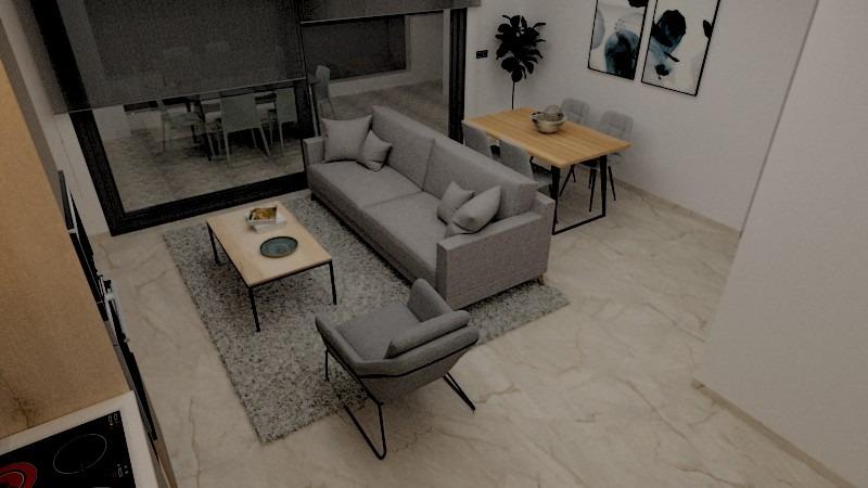 Modern, spacious living area with sleek furniture and open-plan dining in a new 3-bedroom Torre de la Horadada apartment.