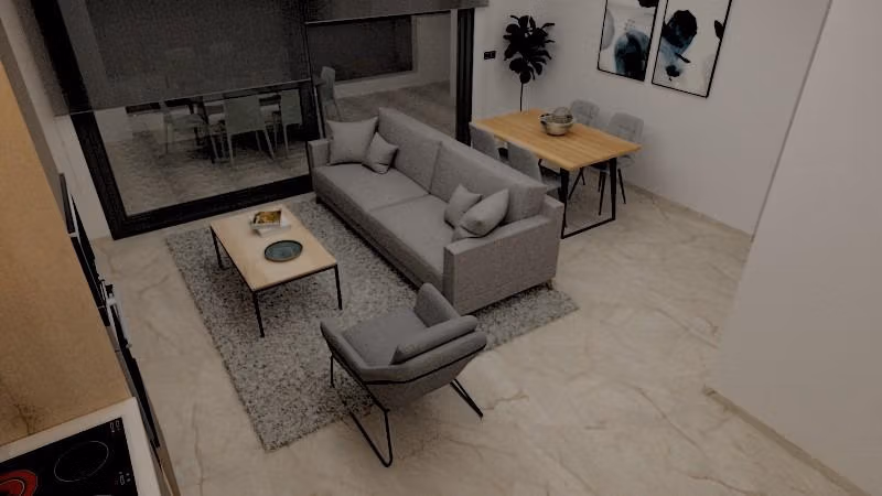 Spacious modern living room with sleek furnishings and dining area in a luxury 3-bedroom penthouse in Torre de la Horadada Phase 2