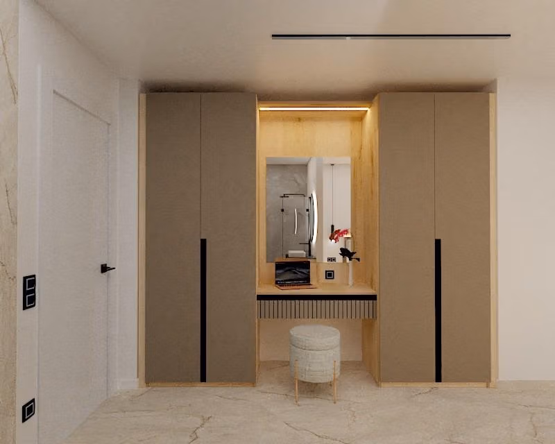Modern, elegant dressing area with built-in wardrobes and illuminated vanity in 3-bedroom penthouse, Torre de la Horadada Phase 2