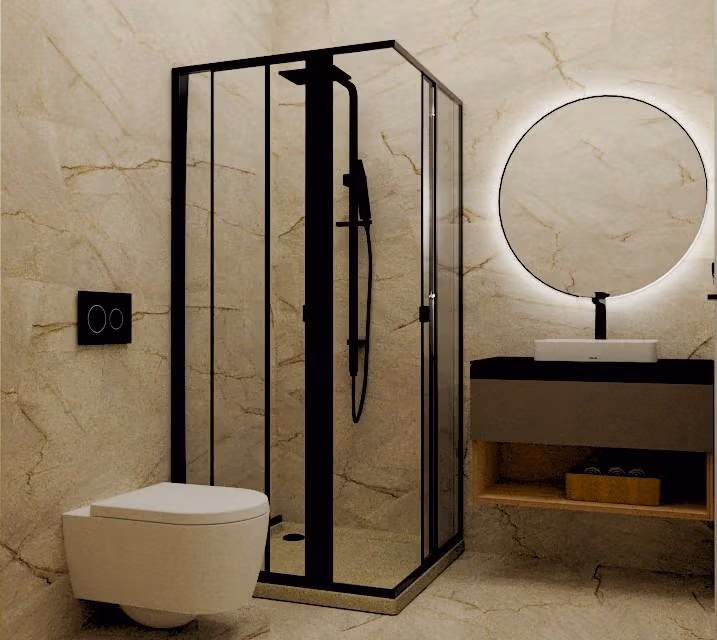 Modern, elegant bathroom with sleek glass shower and floating vanity in exclusive 3 bedroom penthouse, Torre de la Horadada Phase 2.