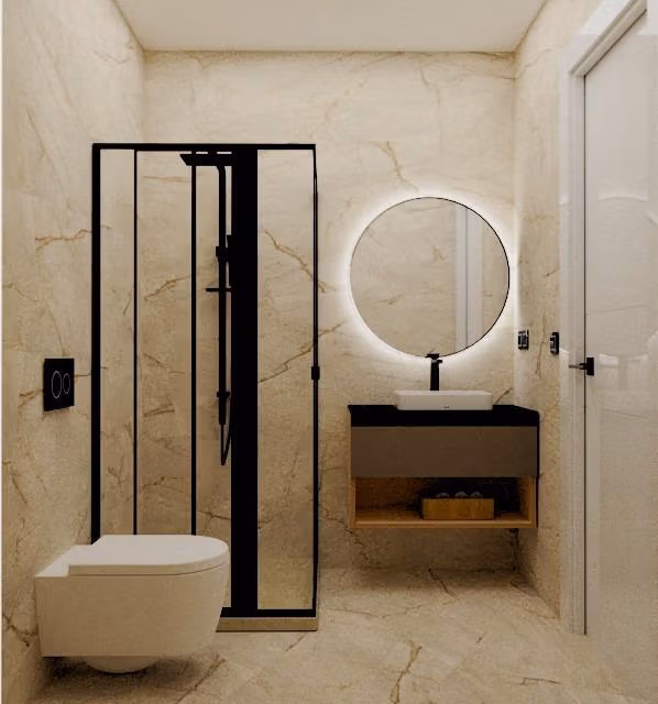 Modern, elegant bathroom with sleek black-framed shower and illuminated round mirror in spacious Torre de la Horadada apartment.