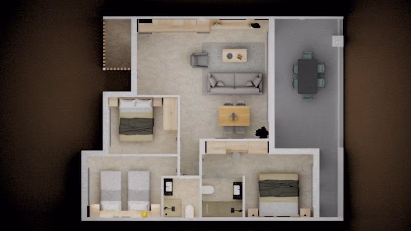 Modern spacious 3-bedroom apartment floor plan with large terrace in sunlit Torre de la Horadada, just 150m from the beach