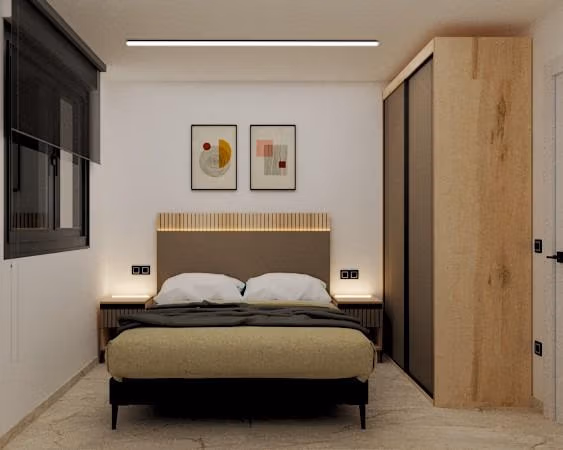 Bright modern bedroom with sleek design in spacious 3-bedroom apartment near Torre de la Horadada beach.