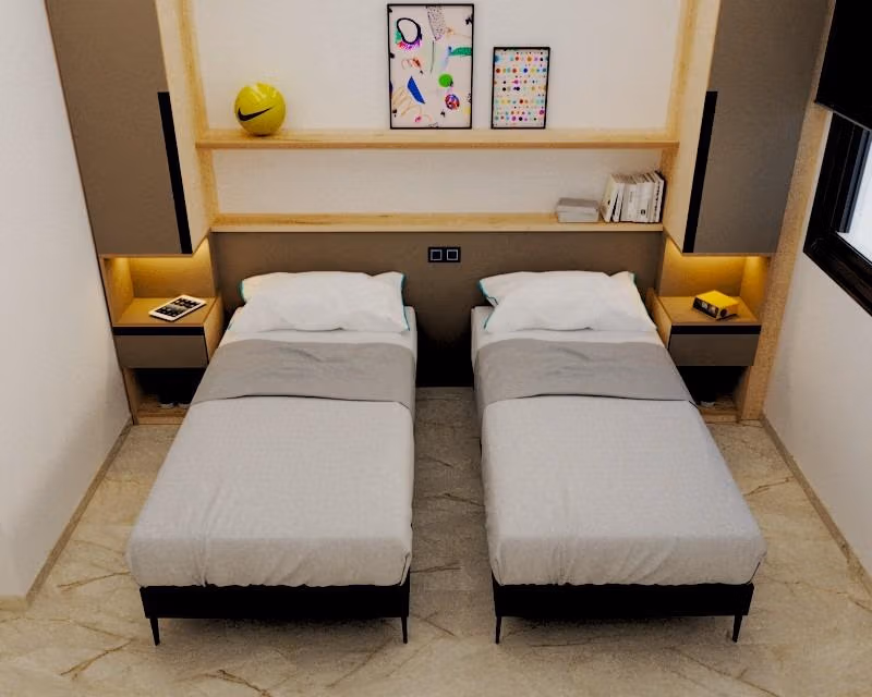 Bright modern twin bedroom with minimalist design in spacious new build 3-bedroom apartment, Torre de la Horadada.