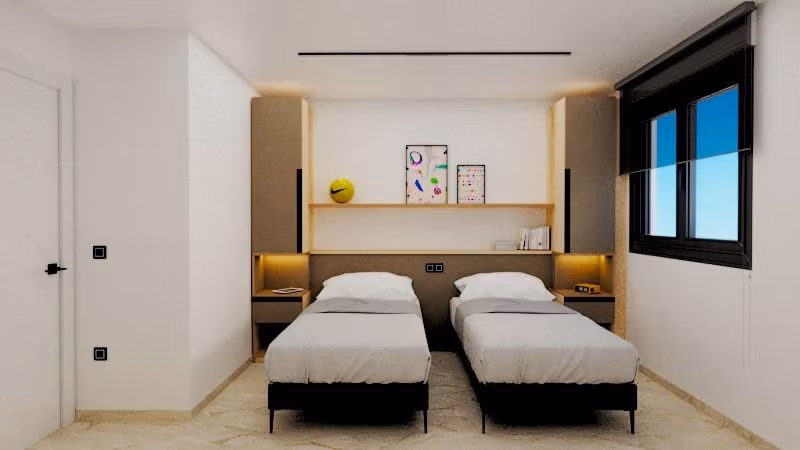 Bright and modern twin bedroom in exclusive 3-bedroom penthouse in Torre de la Horadada with sleek design and natural light.
