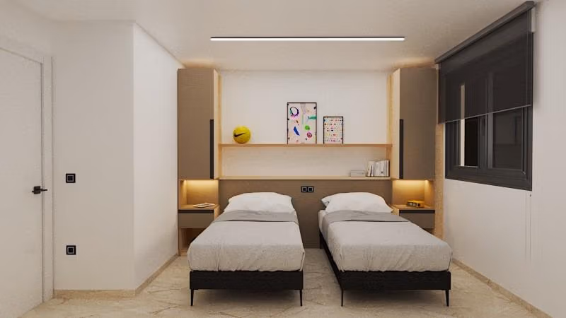 Bright, modern twin bedroom with sleek design in exclusive 3-bedroom penthouse, Torre de la Horadada Phase 2.