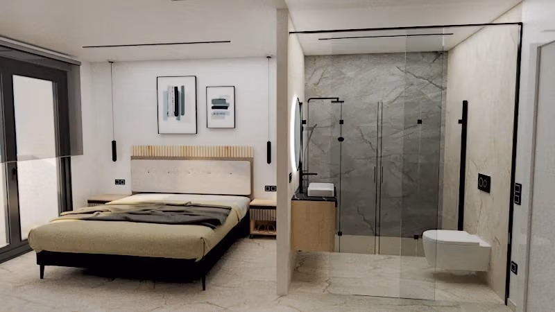 Modern bright bedroom with sleek glass-enclosed bathroom in exclusive 3-bedroom penthouse, Torre de la Horadada Phase 2