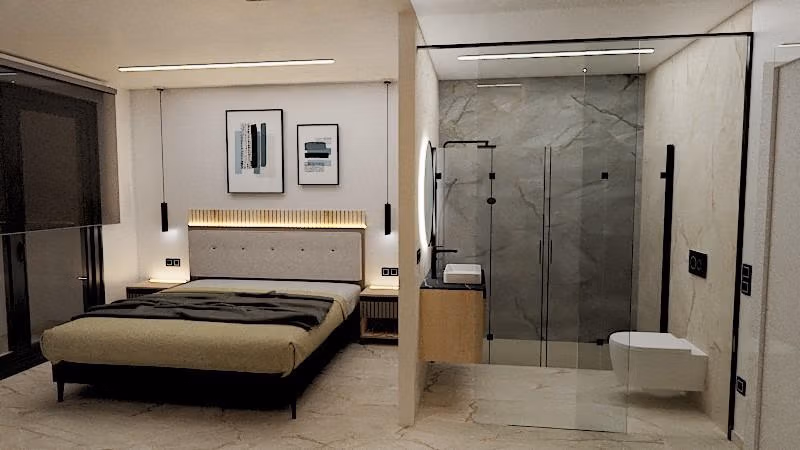 Modern, elegant bedroom with en-suite marble bathroom in exclusive 3-bedroom penthouse, Torre de la Horadada Phase 2.