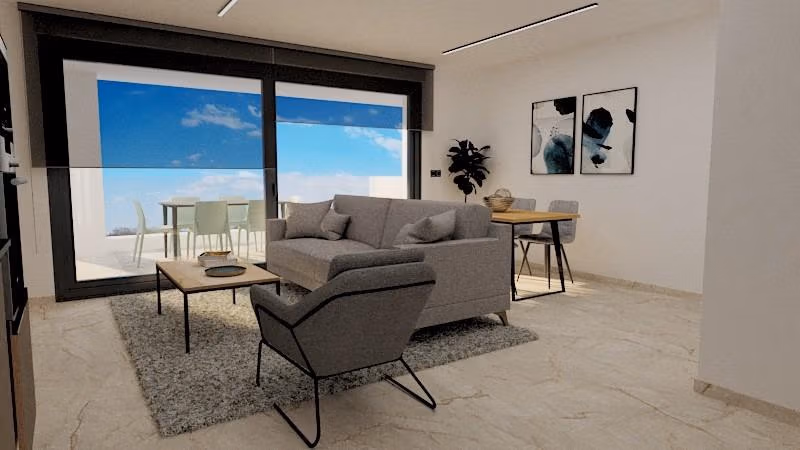 Bright modern living room with plush seating and panoramic sea views from the terrace in Torre de la Horadada penthouse Phase 2