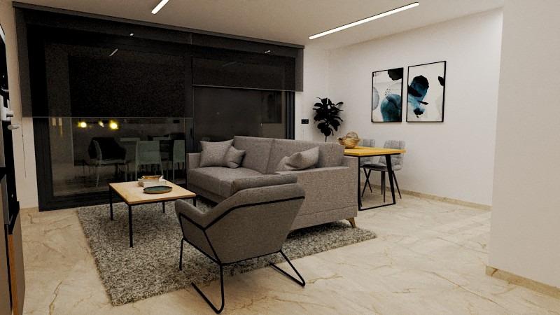 Bright modern living room with sleek furniture and large sliding doors in luxury 3-bedroom Torre de la Horadada apartment