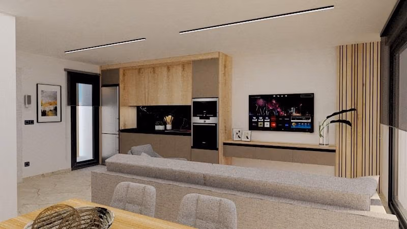 Modern open-plan living area with sleek kitchen and cozy seating in spacious 3 bedroom apartment in Torre de la Horadada.