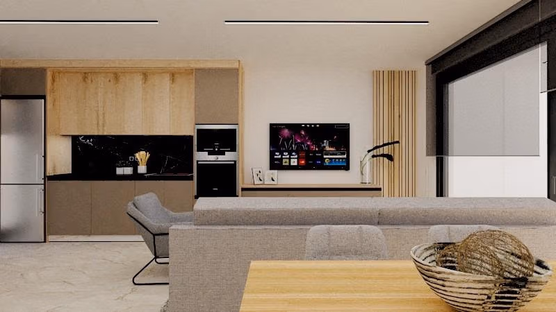 Modern open-plan living room and kitchen with sleek design and natural light in a 3-bedroom penthouse, Torre de la Horadada Phase 2.