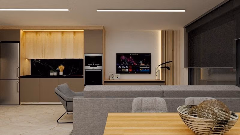 Modern open-plan living area with sleek kitchen and cozy seating in exclusive 3-bedroom penthouse, Torre de la Horadada phase 2.
