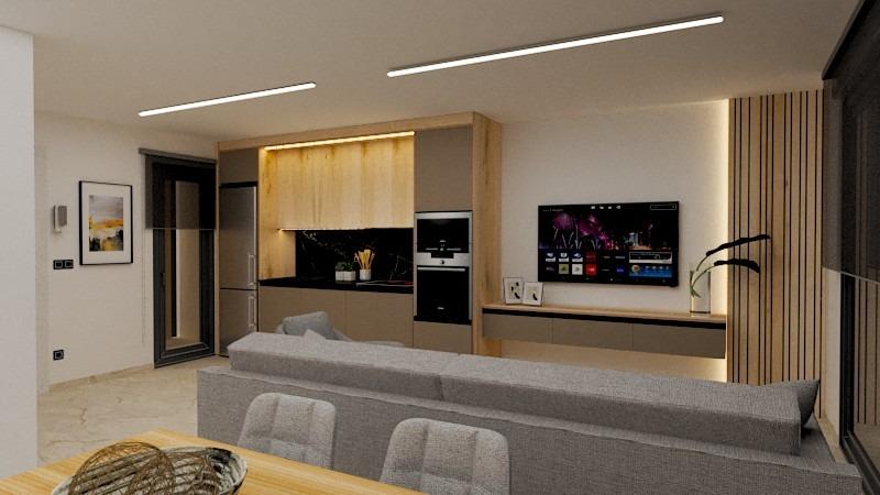 Modern open-plan living area with sleek kitchen and cozy seating in exclusive Torre de la Horadada 3-bedroom penthouse