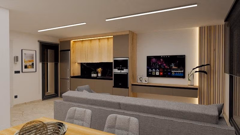 Modern open-plan living room and kitchen with sleek design in exclusive 3-bedroom penthouse, Torre de la Horadada phase 2.