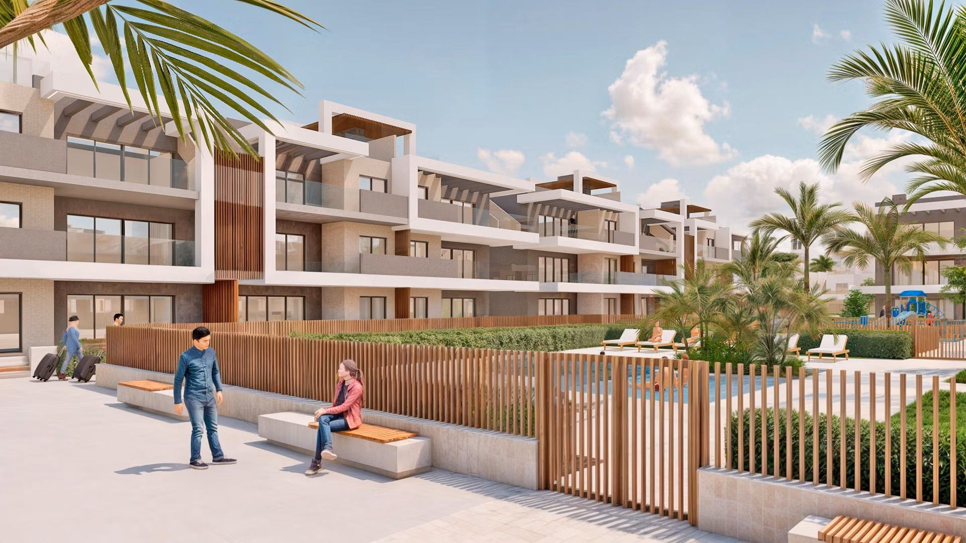Modern new build 3 bedroom apartment complex in Torre de la Horadada with spacious sunlit terraces and landscaped communal areas.